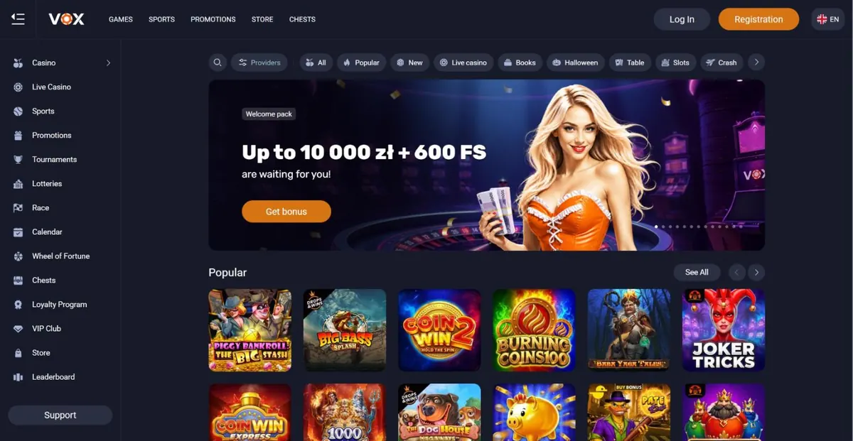 Englische Startseite von voxcasino.com, aus Österreich geöffnet: Menü links, Willkommensbanner mit Beträgen in Złoty Englische Startseite von voxcasino.com, aus Österreich geöffnet: Menü links, Willkommensbanner mit Beträgen in Złoty