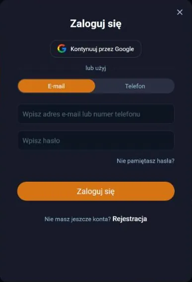 Okno Zaloguj się w Vox Casino z polami e-mail lub telefon i hasło