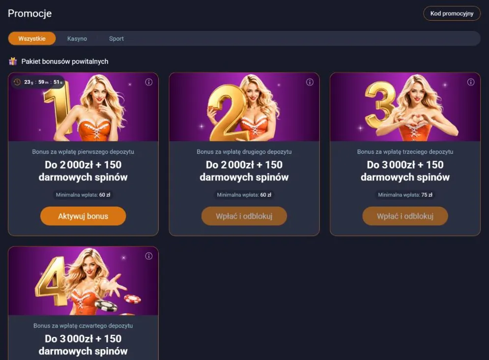 Sekcja Promocje w Vox Casino: pakiet powitalny na cztery depozyty z minimalnymi wpłatami 60 i 75 zł Sekcja Promocje w Vox Casino: pakiet powitalny na cztery depozyty z minimalnymi wpłatami 60 i 75 zł