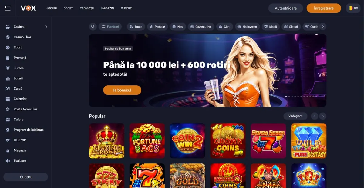 Pagina principală voxcasino.com/ro deschisă din România: meniul din stânga, bannerul pachetului de bun venit în lei și sloturile populare