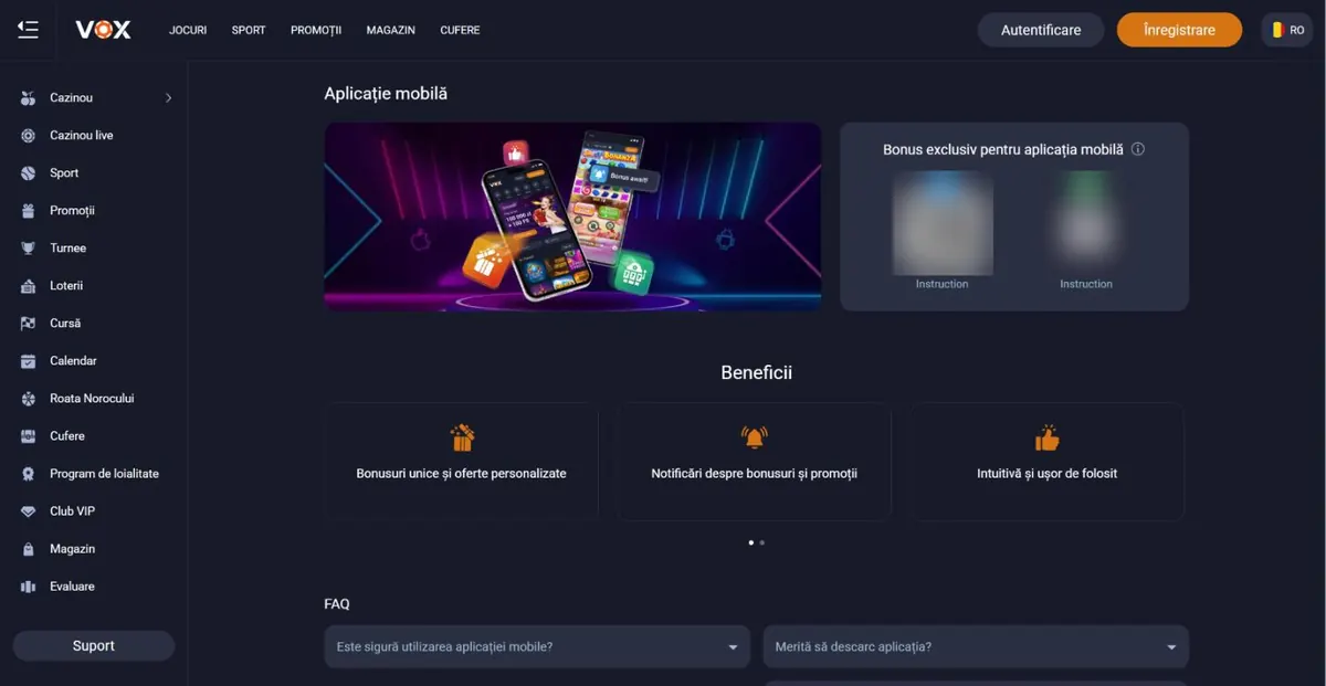 Pagina aplicației mobile Vox Casino în română, cu codurile QR pentru iOS și Android estompate
