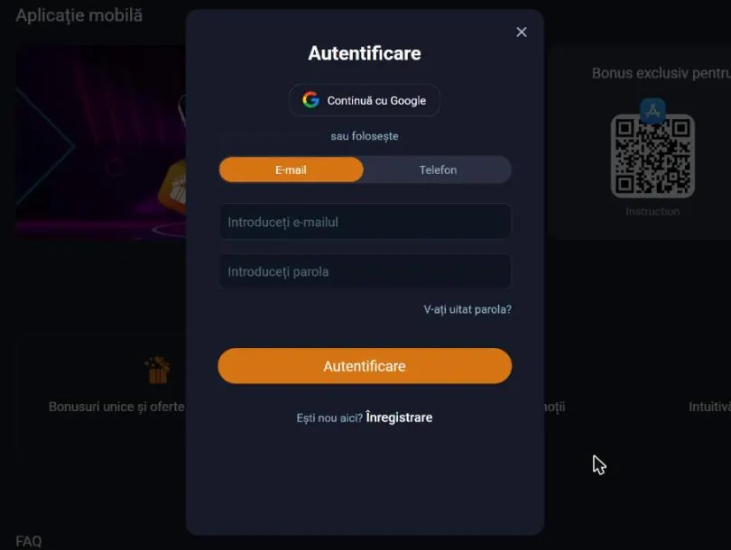 Fereastra de autentificare Vox Casino în română: Google, e-mail sau telefon, parolă și linkul „V-ați uitat parola?” Fereastra de autentificare Vox Casino în română: Google, e-mail sau telefon, parolă și linkul „V-ați uitat parola?”