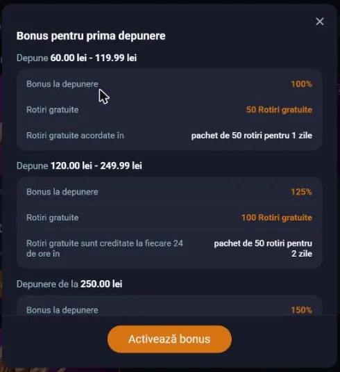 Detaliile bonusului pentru prima depunere la Vox Casino: pragurile 60–119,99 lei, 120–249,99 lei și de la 250 lei Detaliile bonusului pentru prima depunere la Vox Casino: pragurile 60–119,99 lei, 120–249,99 lei și de la 250 lei