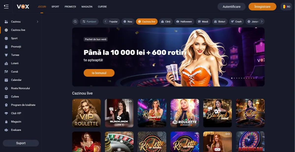 Categoria Cazinou live din Vox Casino în română: mese de ruletă și blackjack cu dealeri reali