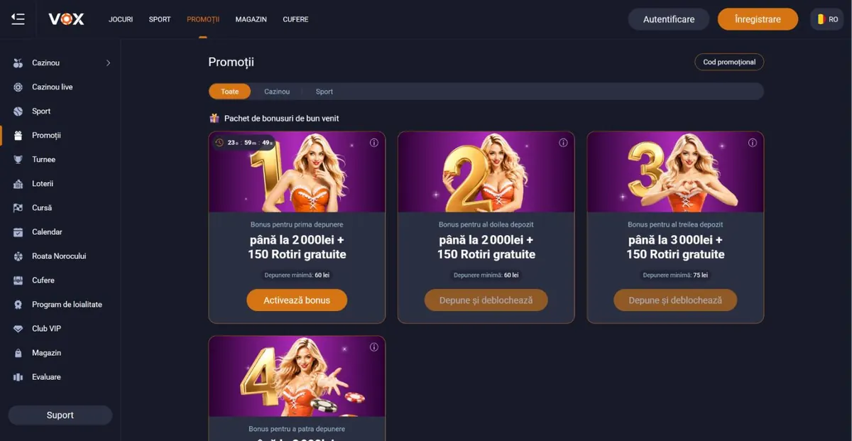 Secțiunea Promoții din Vox Casino în română: trei din cele patru carduri ale pachetului de bun venit, cu bonus în lei și depunere minimă Secțiunea Promoții din Vox Casino în română: trei din cele patru carduri ale pachetului de bun venit, cu bonus în lei și depunere minimă