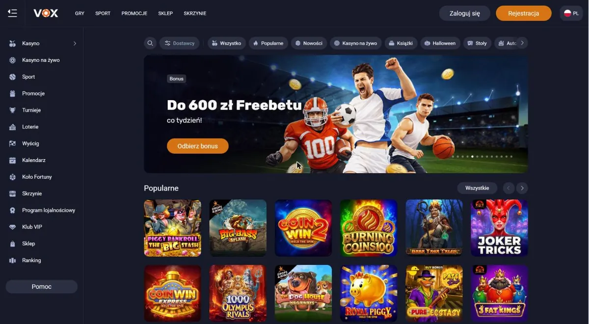 Strona główna voxcasino.com/pl otwarta z Polski: menu po lewej, baner promocji i automaty z sekcji Popularne